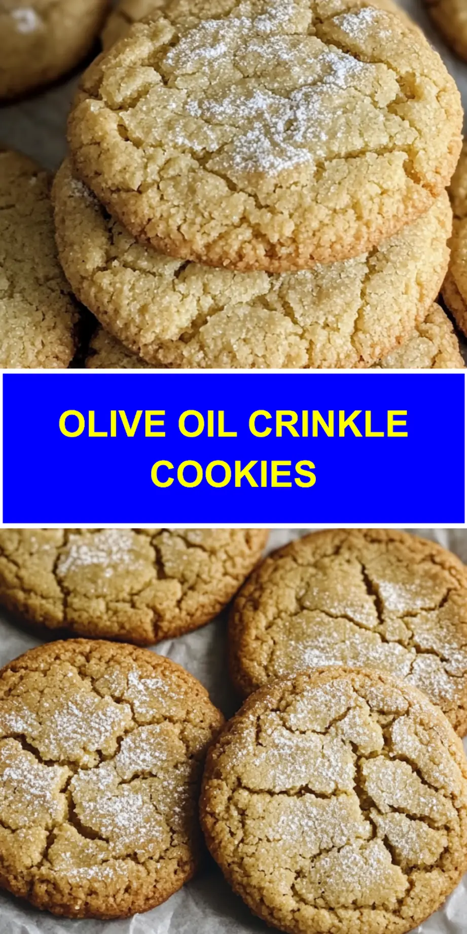 Ultimate Olive Oil Crinkle Cookies - Best Recipe Ever 3 Olive oil crinkle cookies centered hero view with powdered sugar dusting