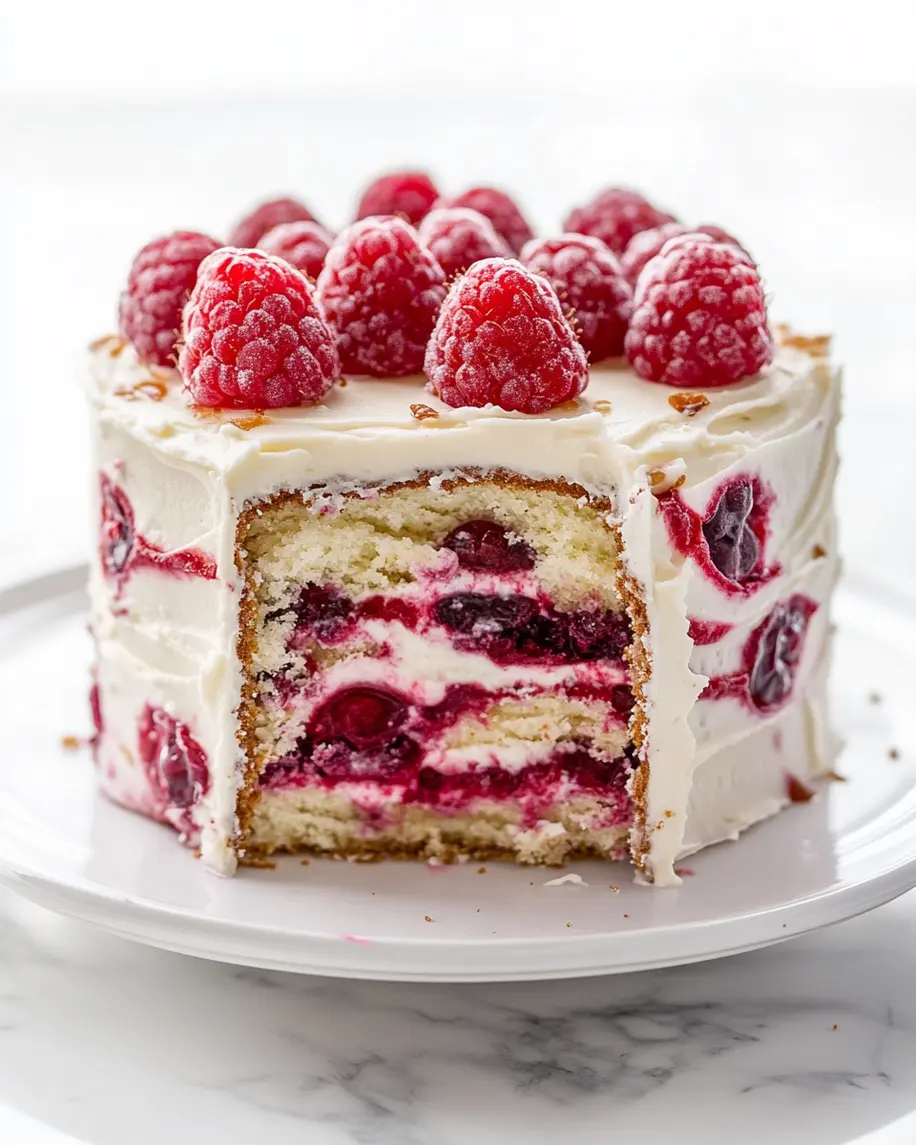 WHITE CHOCOLATE RASPBERRY CAKE centered hero view, clean and uncluttered