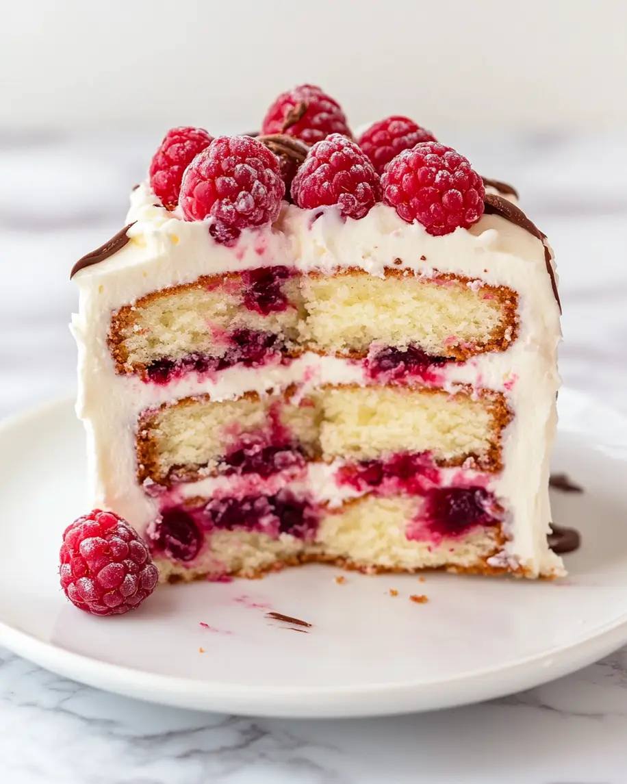 White chocolate raspberry cake with four elegant layers, raspberry filling, and white chocolate buttercream