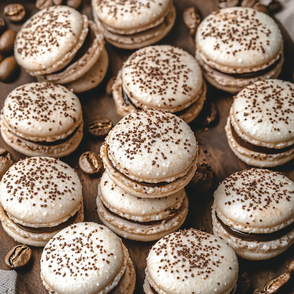 Espresso Macarons Recipe Easy Steps for Perfect Results 2 Espresso macarons with glossy shells and crackly feet on a clean white surface