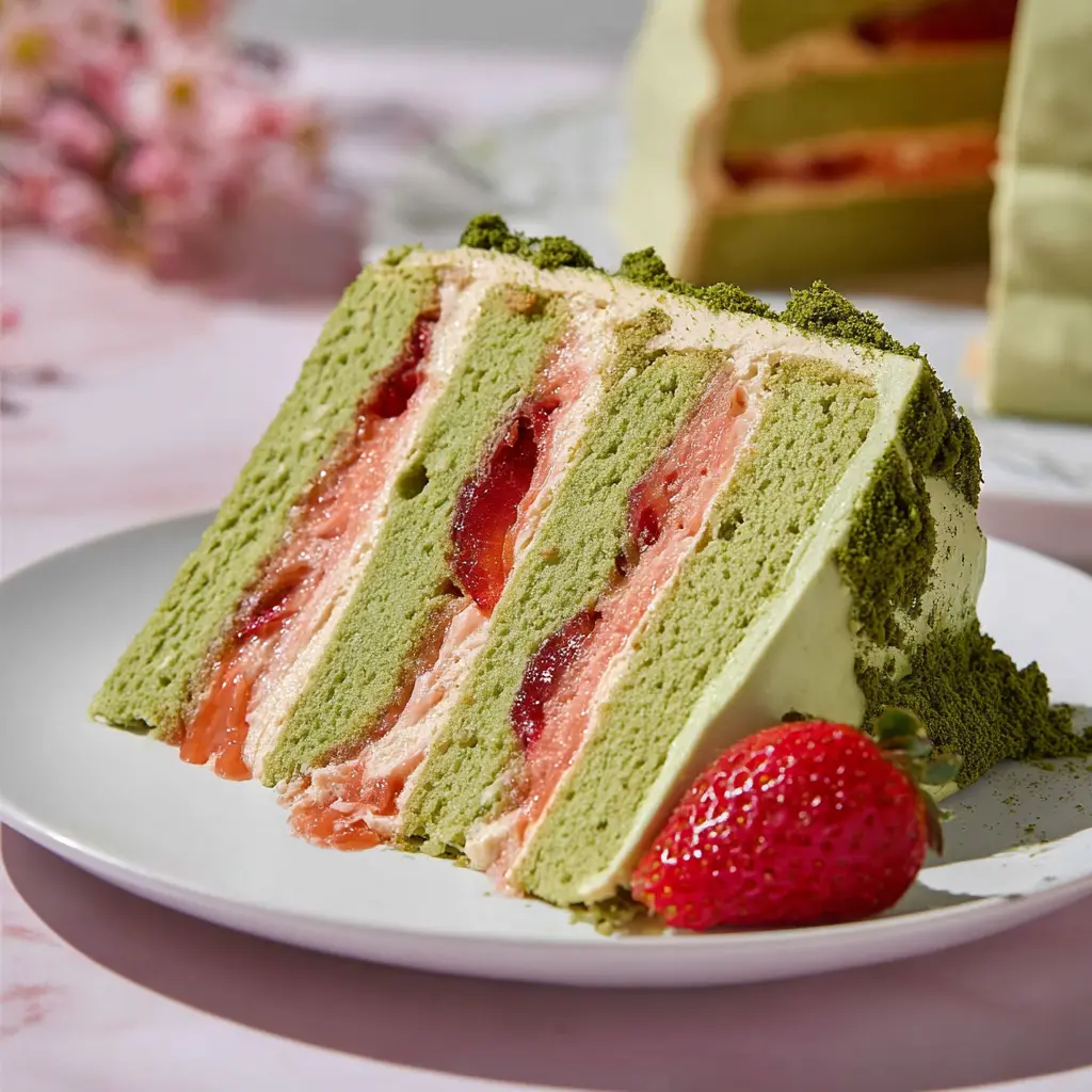 Matcha strawberry layer cake for spring brunch