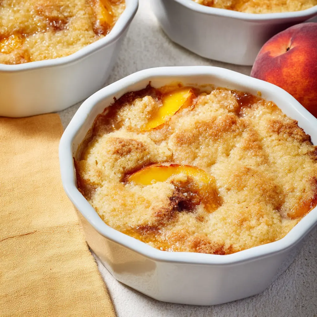 PEACH DUMP CAKE COBBLER STYLE recipe, beautifully presented and ready to serve, easy homemade dessert