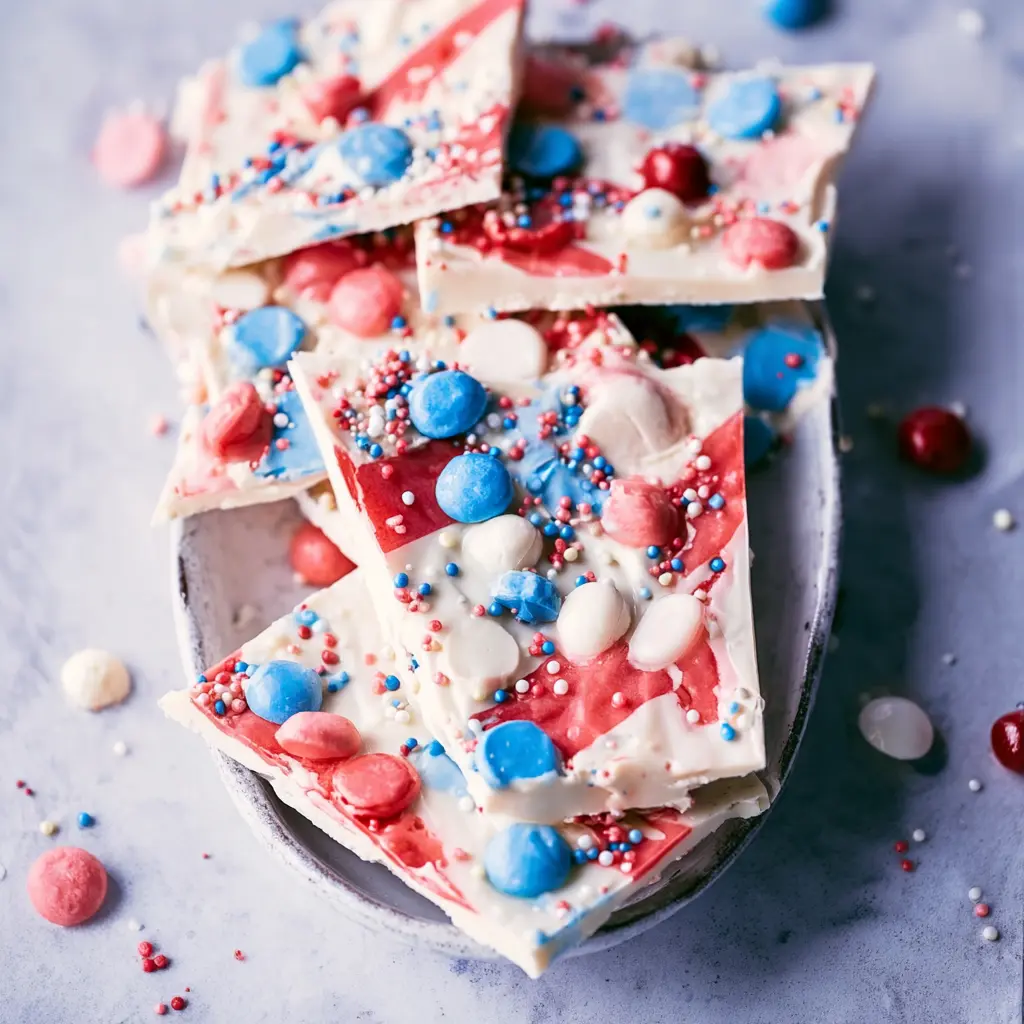 Milk chocolate bark patriotic Fourth of July dessert