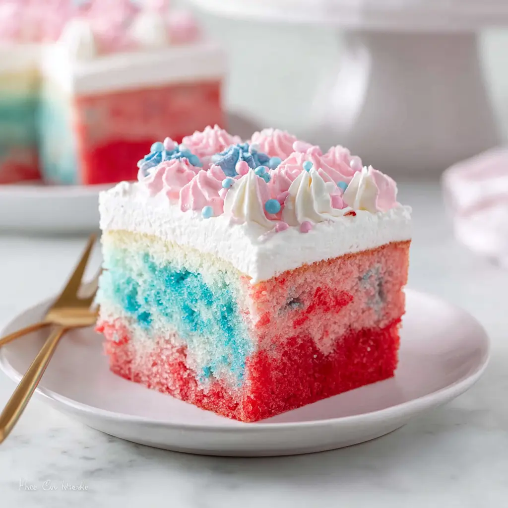 white cake poke cake with red blue Jell-O for July 4th