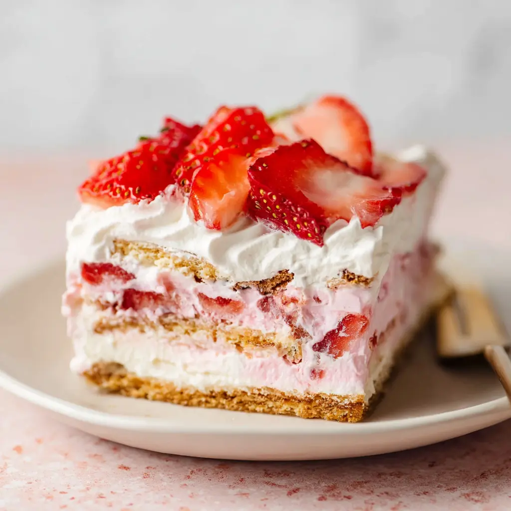 Strawberry icebox cake summer dessert with fresh berries