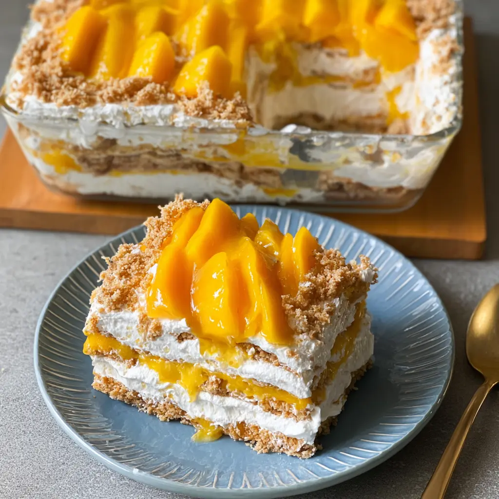 Mango Float No Bake Filipino Cake recipe, beautifully presented and ready to serve, easy homemade dessert
