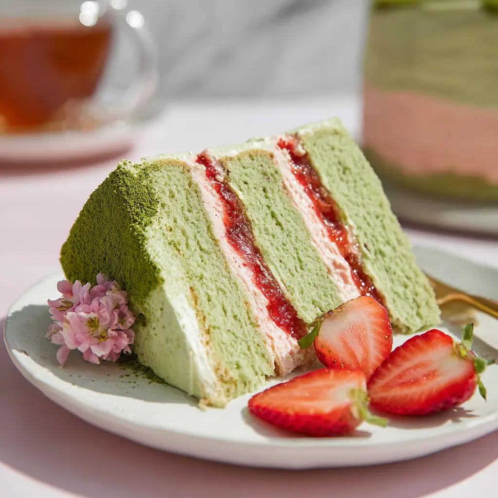 Matcha strawberry layer cake for spring brunch
