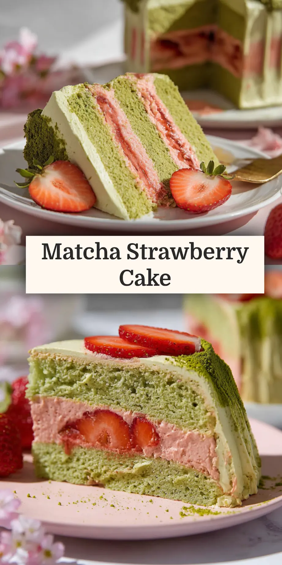 Matcha strawberry layer cake for spring brunch