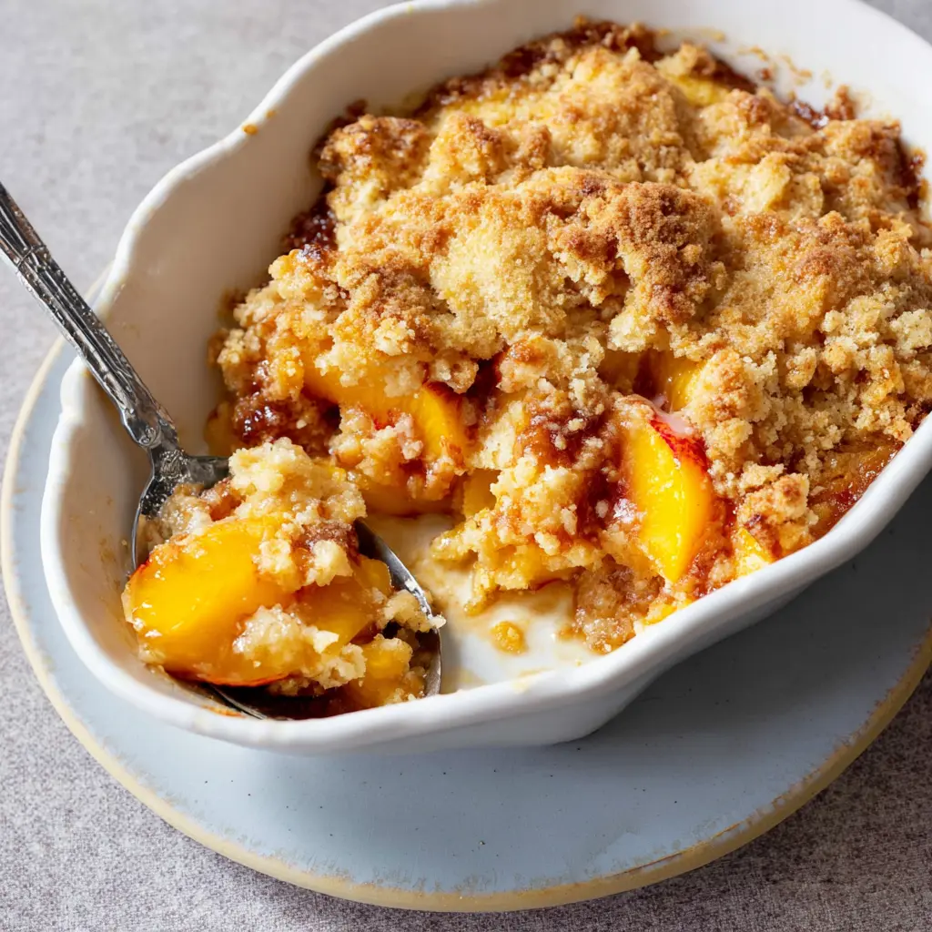 Peach Cobbler Dump Cake Warm Comforting Recipe You Will Love 2 Peach cobbler dump cake beautifully presented and ready to serve, easy homemade dessert