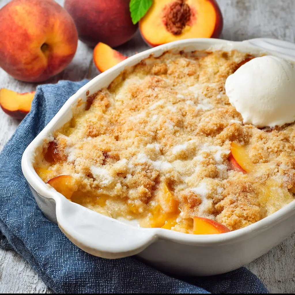 Peach dump cake cobbler style, beautifully presented and ready to serve, easy homemade dessert