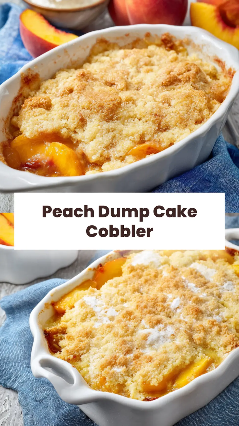 Peach dump cake cobbler style, beautifully presented and ready to serve, easy homemade dessert