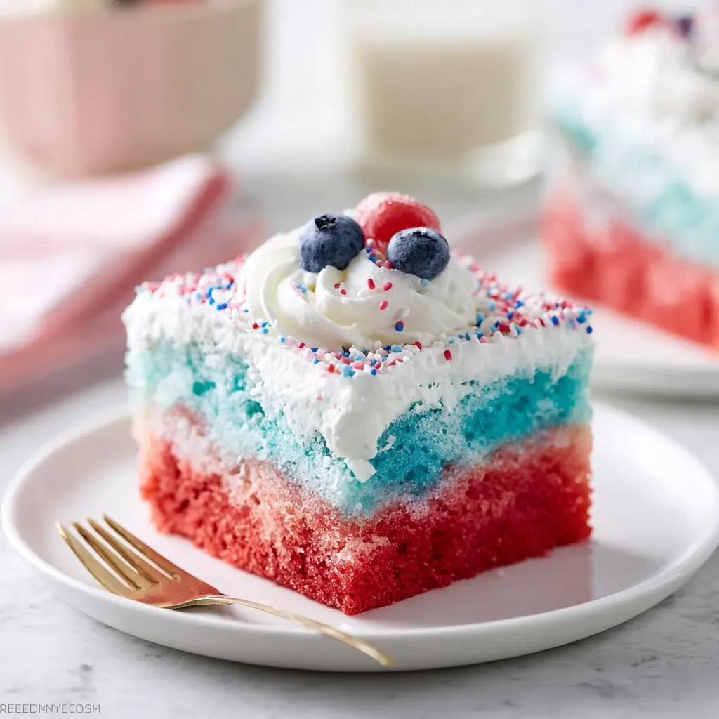 white cake poke cake with red blue Jell-O for July 4th