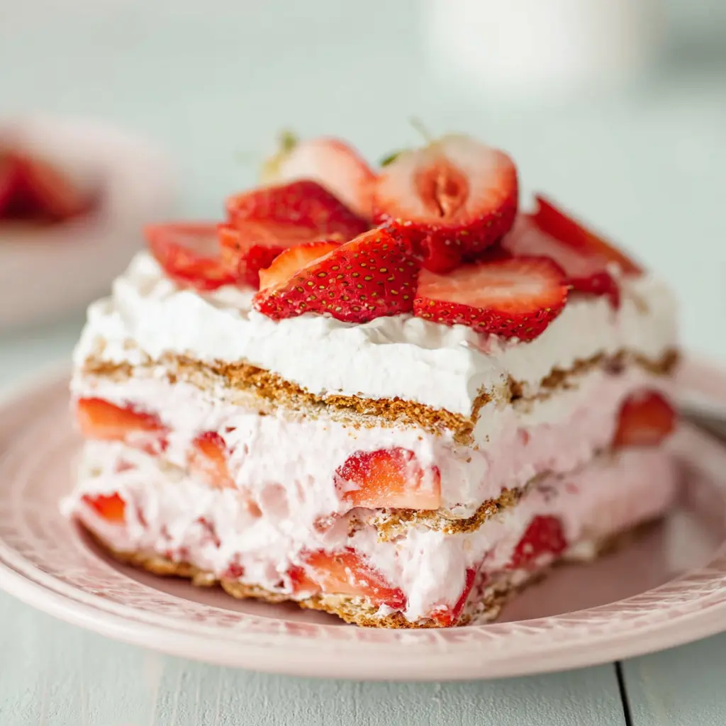 Strawberry icebox cake summer dessert with fresh berries