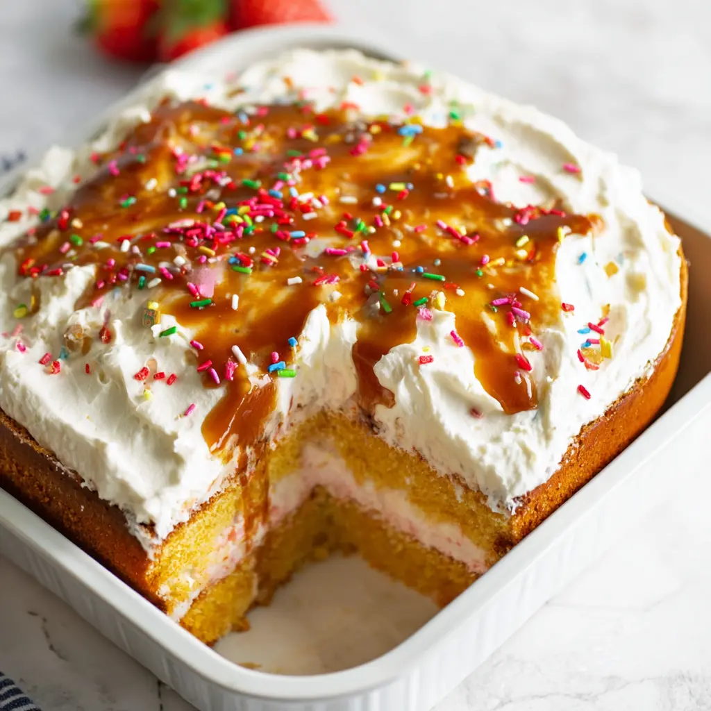 Tres Leches Birthday Cake recipe, beautifully presented and ready to serve, easy homemade dessert